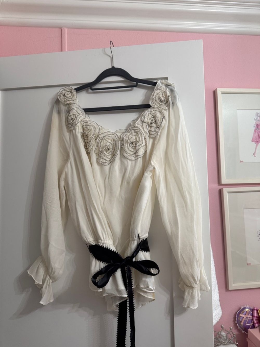 Adrianna Papell Cream Floral Appliqué Peasant Blouse with Black Ribbon
